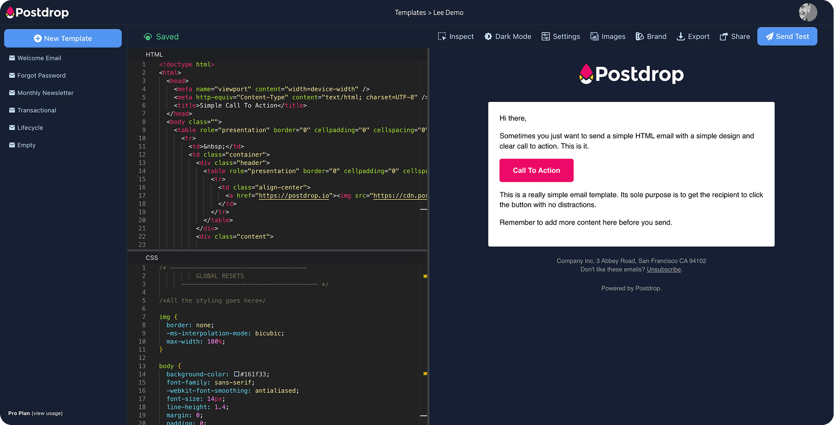 Postdrop editor and template preview